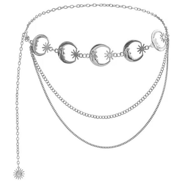Celestial Moon Star Chain Belt Silver Tone Layered Waist Women\'s Dance Gift